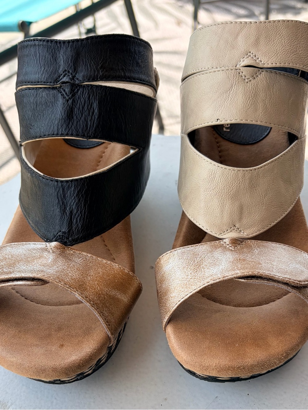 Women’s Modzori Black and Tan Reversible Cutout Wedge Sandals
